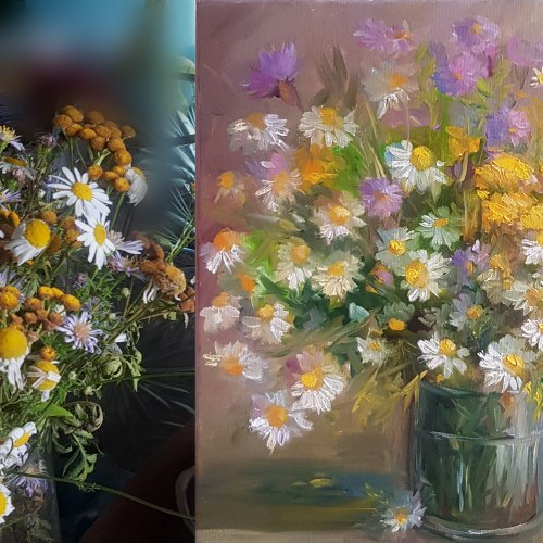 デイジー油絵オリジナル アート花束花油絵キャンバス手工油スケッチ