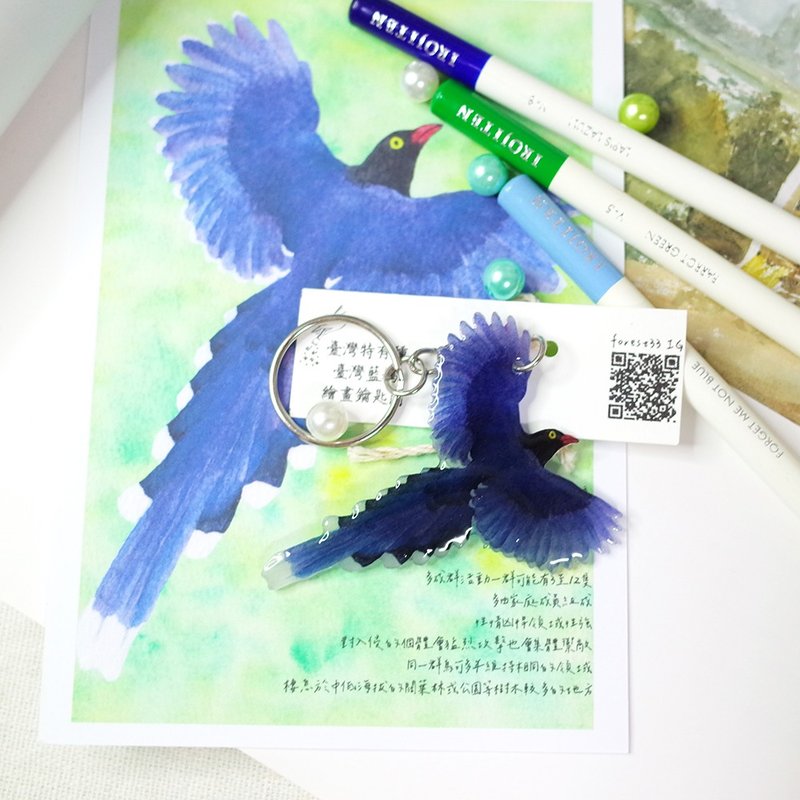 Taiwan's endemic species Taiwan blue magpie painting keychain - ที่ห้อยกุญแจ - วัสดุกันนำ้ สีน้ำเงิน