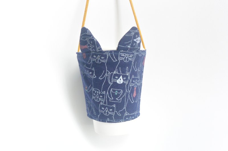 兔耳朵環保杯套- cat - 飲料提袋/杯袋/杯套 - 棉．麻 藍色