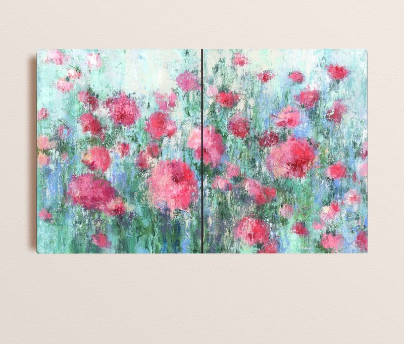 Original Oil Painting on Canvas 100x60cm Peonies Abstract Floral Modern art - Illustration, Painting & Calligraphy - Other Materials Green