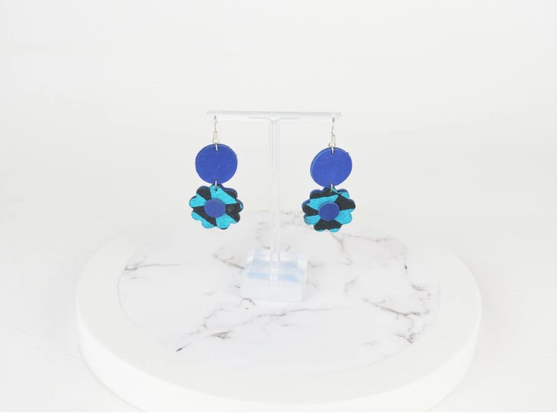 Flower Earrings in Geometric Print Blue Calf Hair Leather Sustainable Jewellery - Earrings & Clip-ons - Genuine Leather Blue