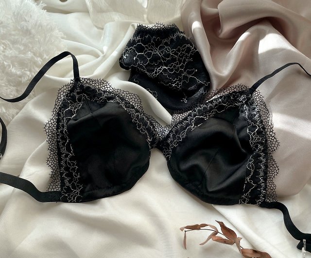 Set of satin lace with lining (bra + panties) black - Shop brababa