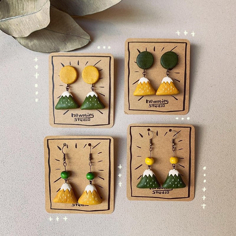 Hand-made Mount Fuji Series Earrings-Yellow Green Ear Pins/ Clip-On/Ear Hooks - ต่างหู - ดินเหนียว สีเขียว
