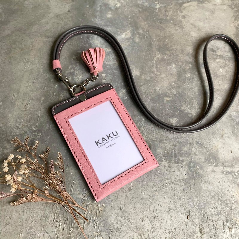 Identification card holder leisure card holder certificate holder cherry blossom powder/gray customized gift [Christmas gift box] - ที่ใส่บัตรคล้องคอ - หนังแท้ สึชมพู