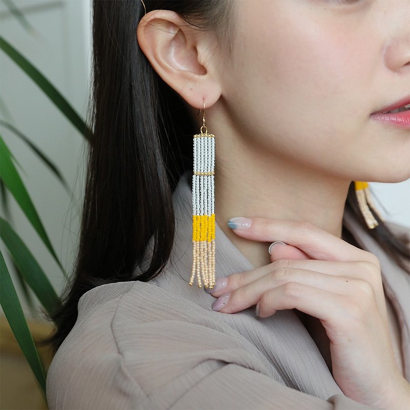 Beige-Yellow - 長款串珠流蘇耳環 / 法式優雅 - 耳環/耳夾 - 其他材質 黃色