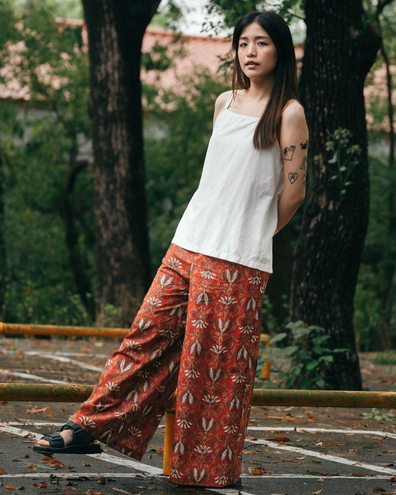 印度蓋染工藝純棉 女生長褲 － 山茶花紅 - 女長褲 - 棉．麻 多色