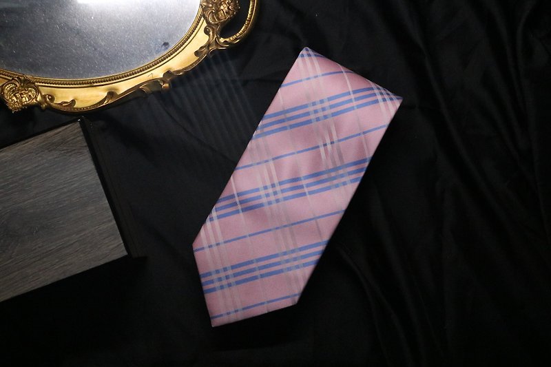 高端商務系列/粉藍格紋百分百真絲領帶 - 領呔/呔夾 - 絲．絹 粉紅色