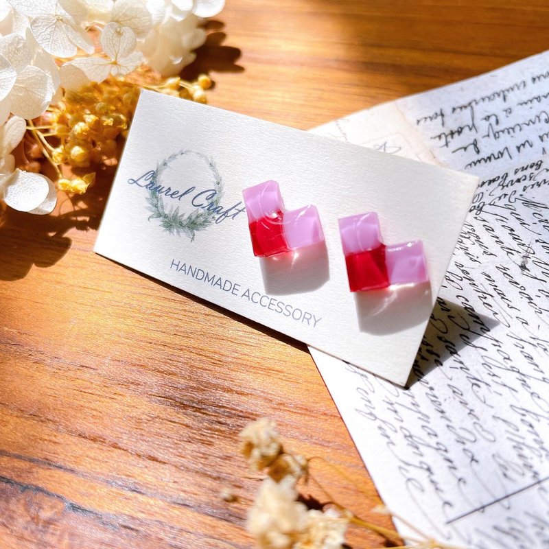 馬賽克愛心系列  若紫/酒紅 小款  925純銀針耳環/無痛耳夾 - 耳環/耳夾/耳骨夾 - 植物．花 紅色