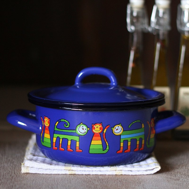 Smaltum Prague enamel double ear pot _ shy meow _ royal blue (FDN000457) - Cookware - Enamel Blue