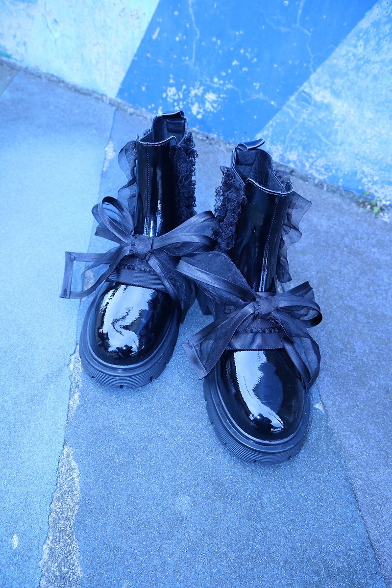ribbon remake shoes 9009 meikeiin remake handmade - รองเท้าบูทสั้นผู้หญิง - หนังเทียม สีดำ