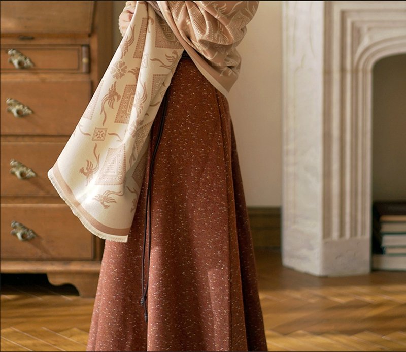 New Chinese retro coarse spinning gold silk wool skirt Han element Hanfu skirt - กระโปรง - วัสดุอื่นๆ สีนำ้ตาล