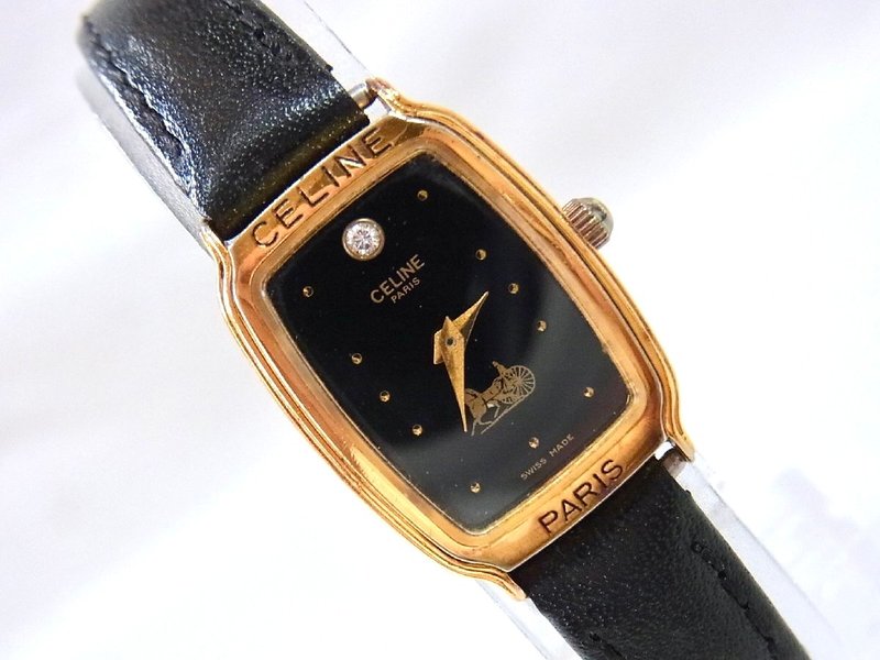 絕版古董錶 Celine 黑金色皮革錶帶馬車手錶 石英中古二手錶 腕錶 - 女錶 - 其他金屬 黑色