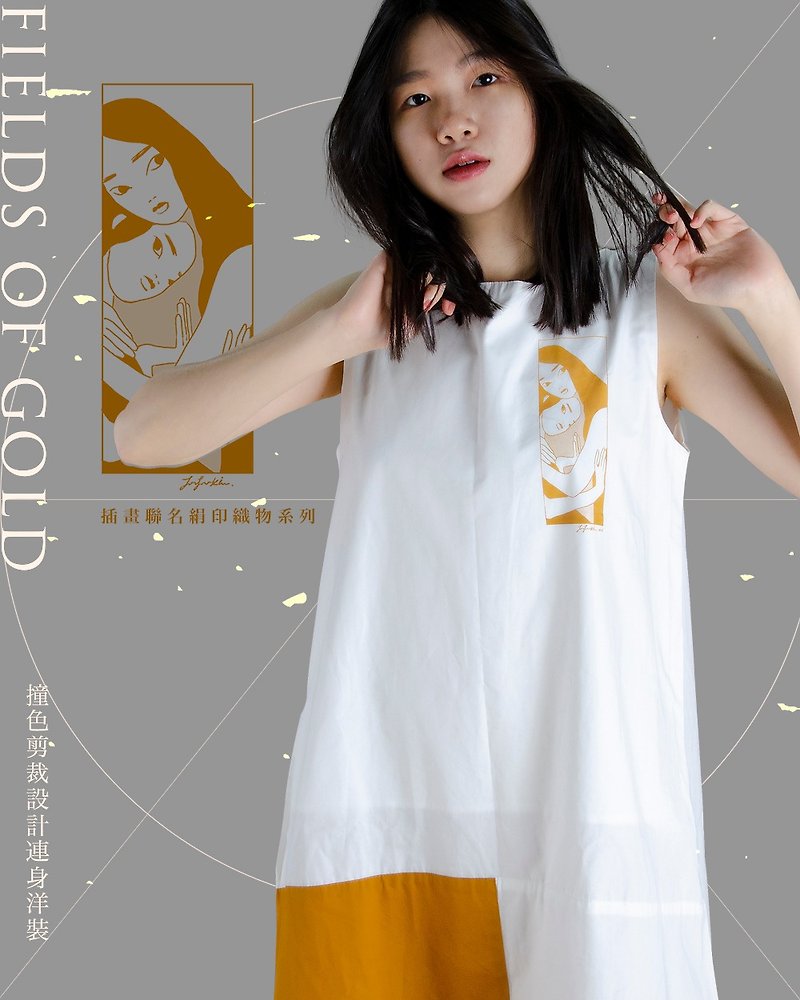 One-piece dress with contrast color design - One Piece Dresses - Cotton & Hemp White