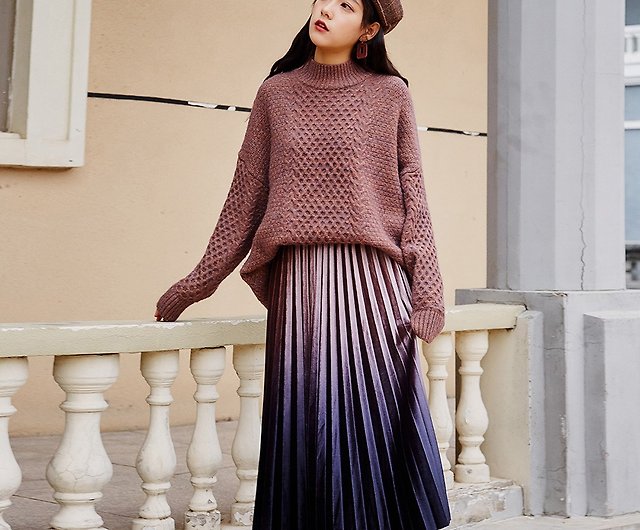 2018 women's winter wear gradient color long pleated skirt dress