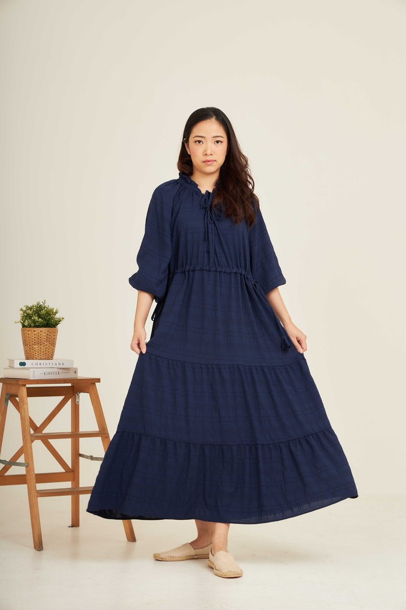 BUALOY - long sleeves ruffle dress (navy) - ชุดเดรส - ผ้าฝ้าย/ผ้าลินิน สีน้ำเงิน