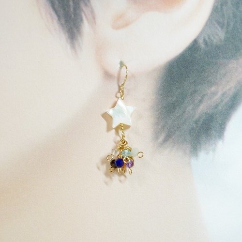 Tellus Gemstone Accessory 末広がり流れ星シリーズ 14kgfシェルと8種の天然石のフックピアス