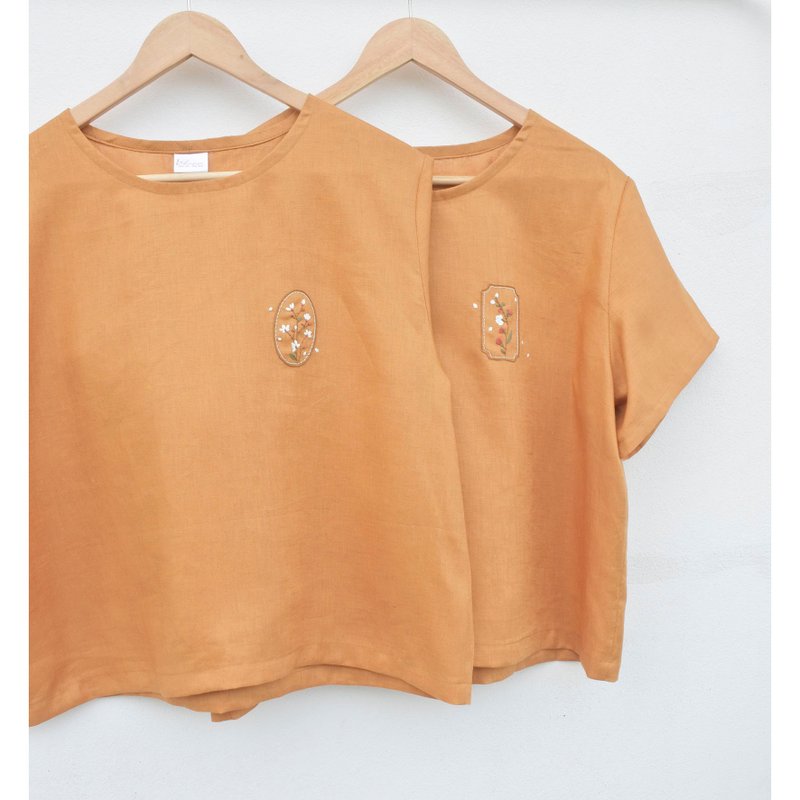 Embroidery | Linen | Round neck, short sleeve shirt, yellowish brown. - 女上衣/長袖上衣 - 棉．麻 咖啡色