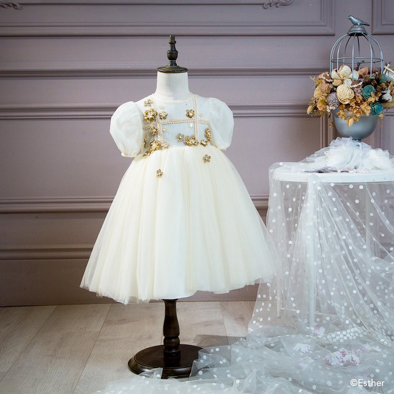 [Girls' custom dresses] Dreamy sweet dress retro palace beige gorgeous puffing dress - ชุดเด็ก - ผ้าฝ้าย/ผ้าลินิน ขาว