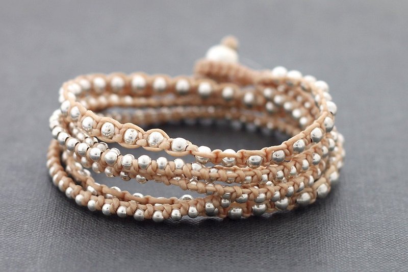 Nude Beige Boho Rock Wrap Silver Bracelet Necklace - Bracelets - Copper & Brass Khaki