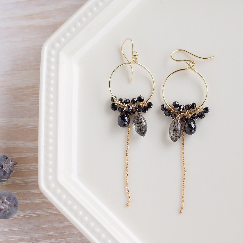 14 kgf - Tourmaline quartz black ring earrings - Earrings & Clip-ons - Semi-Precious Stones Black