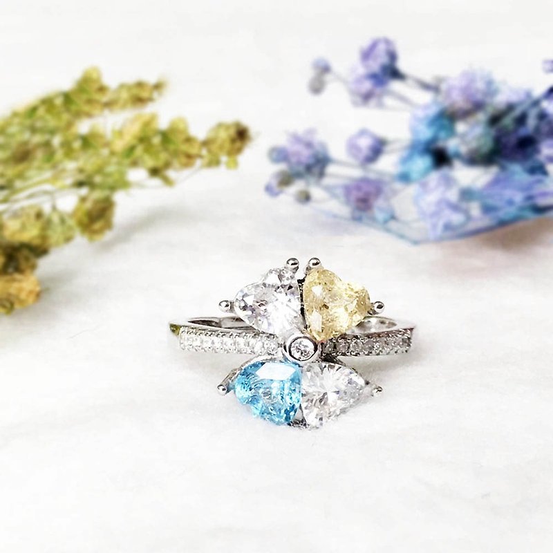 |純銀珠寶|藍托帕石 黃水晶 鋯石 925純銀鑲嵌寶石愛心幸運草戒指 - 戒指 - 寶石 多色