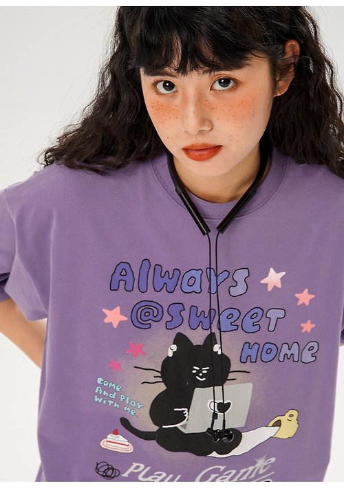 oddmaker odd maker 創意電腦卡通印花短袖女夏紫色純棉小眾t恤設計感上衣