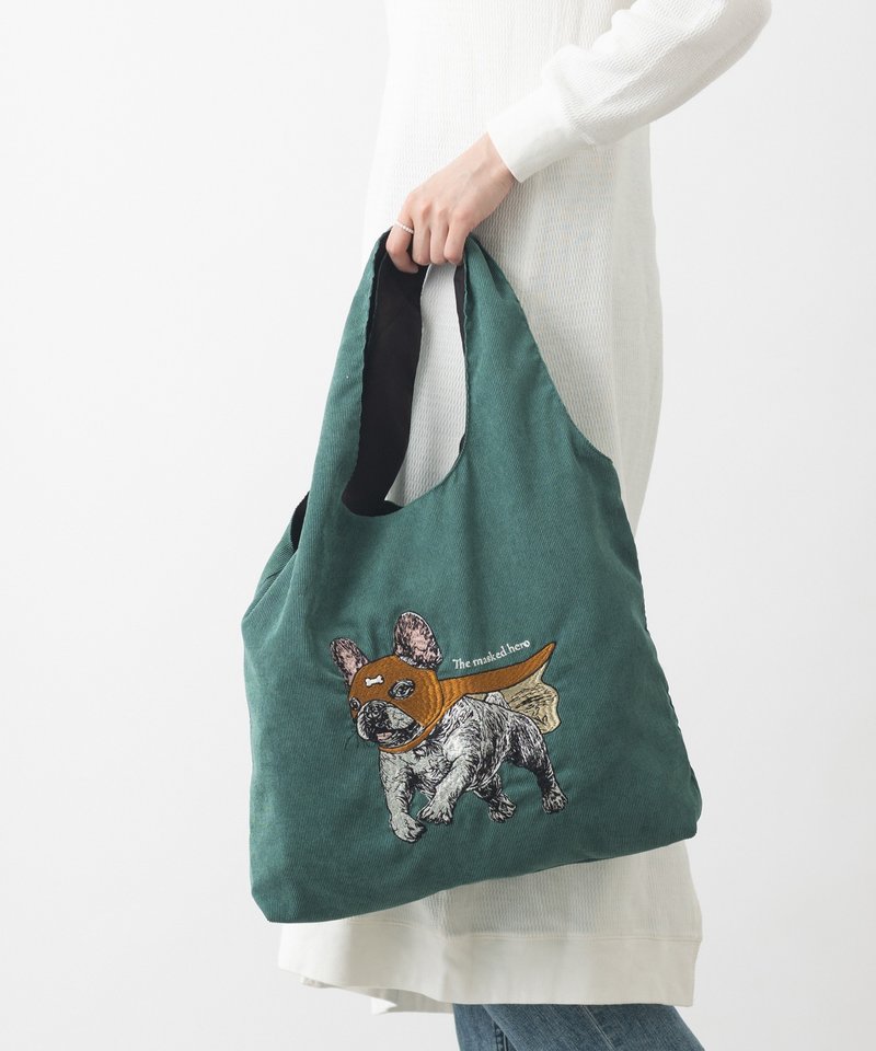 Jubilee Animal Embroidery Corduroy Tote Bag Dog Green - กระเป๋าแมสเซนเจอร์ - เส้นใยสังเคราะห์ สีเขียว