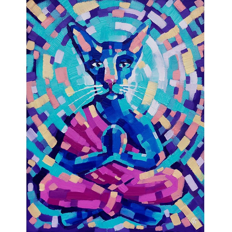 Buddha Painting Meditation Cat Original Art Yoga Artwork Spiritual Wall Art