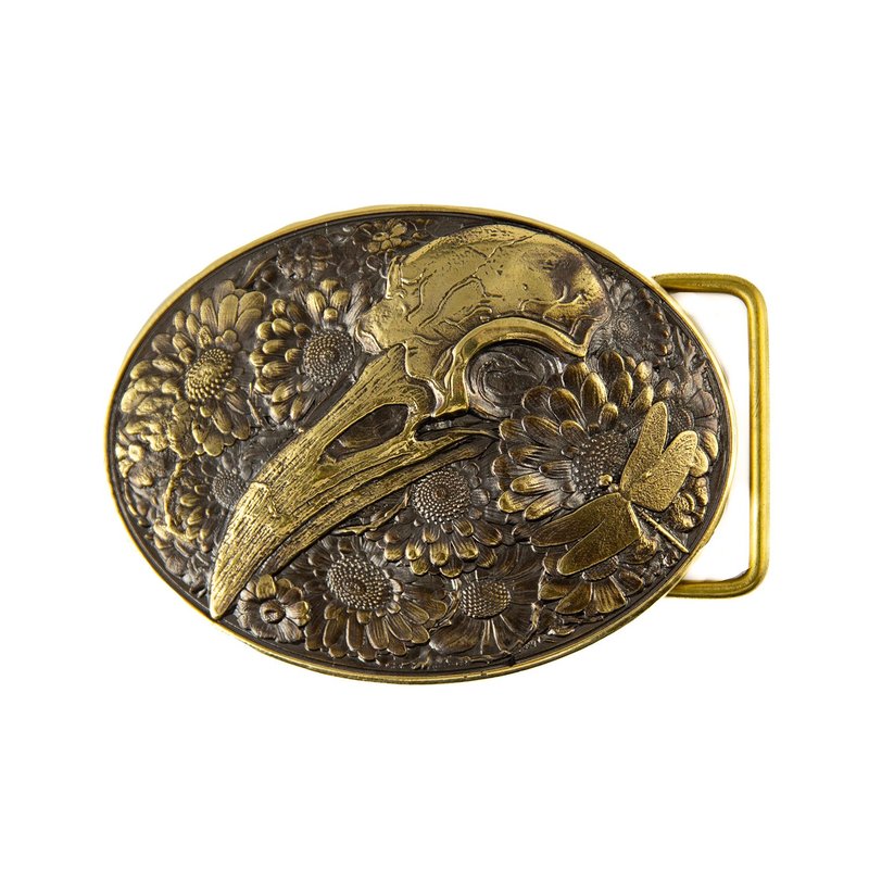Raven skull solid brass belt buckle, mythology bird, Gothic Floral Crow skull - 皮帶/腰帶 - 其他材質 金色