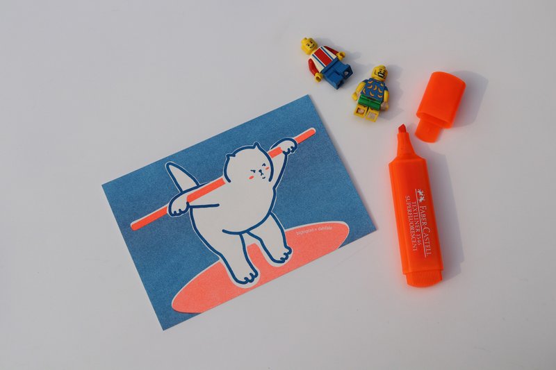 big big cat postcard - Stick Stretching - 卡片/明信片 - 紙 藍色
