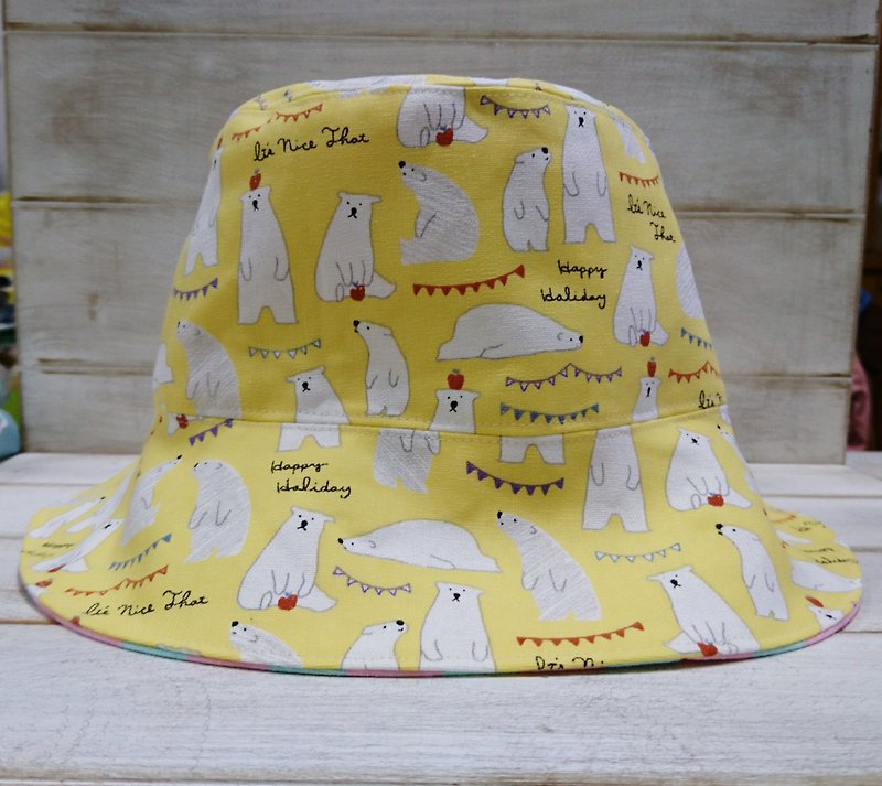 Yellow polar bear everyday & pink blue dots double fisherman hat sun hat - Hats & Caps - Cotton & Hemp Yellow