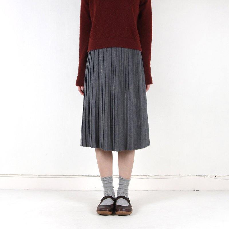 [Vintage] egg plant flow stone wool knitted vintage pleated skirt - กระโปรง - ขนแกะ สีเทา