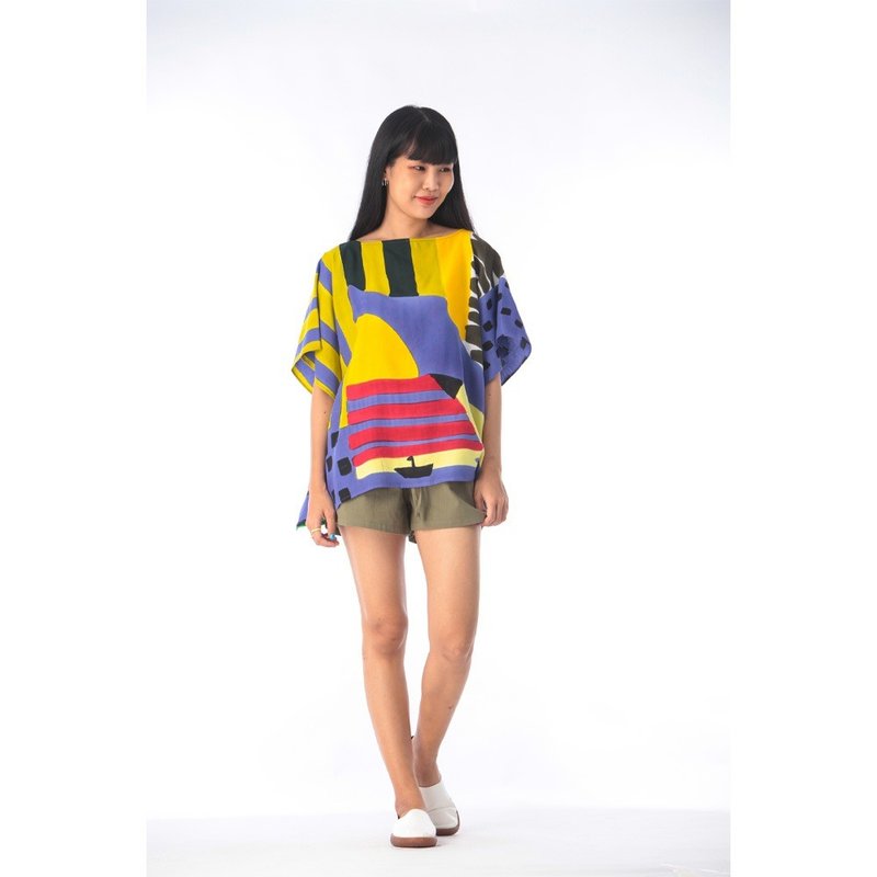 Poncho Blouse Cotton Silk Hand Painted for Summer resort vacation - 女上衣/長袖上衣 - 棉．麻 藍色