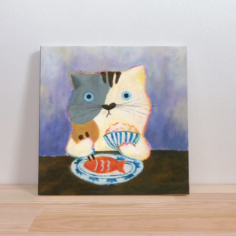 Cat Kitty Eating Dinner - Kids Animal Illustration - Unframed Wall Art - โปสเตอร์ - ผ้าฝ้าย/ผ้าลินิน สีม่วง