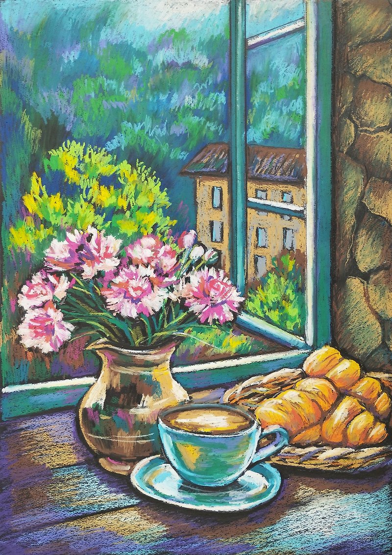 French Breakfast drawing flowers art painting oil pastel bouquet gift for woman - 牆貼/牆身裝飾 - 紙 藍色