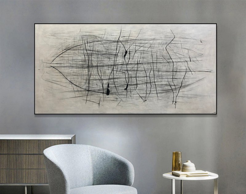 Large Abstract Black And White Paintings On Canvas Modern Geometric Wall Art - 壁貼/牆壁裝飾 - 壓克力 白色