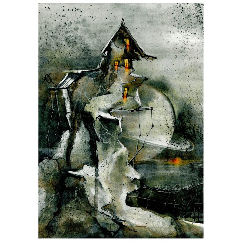 Fantasy landscape watercolor and liquid charcoal drawing - 壁貼/牆壁裝飾 - 紙 灰色