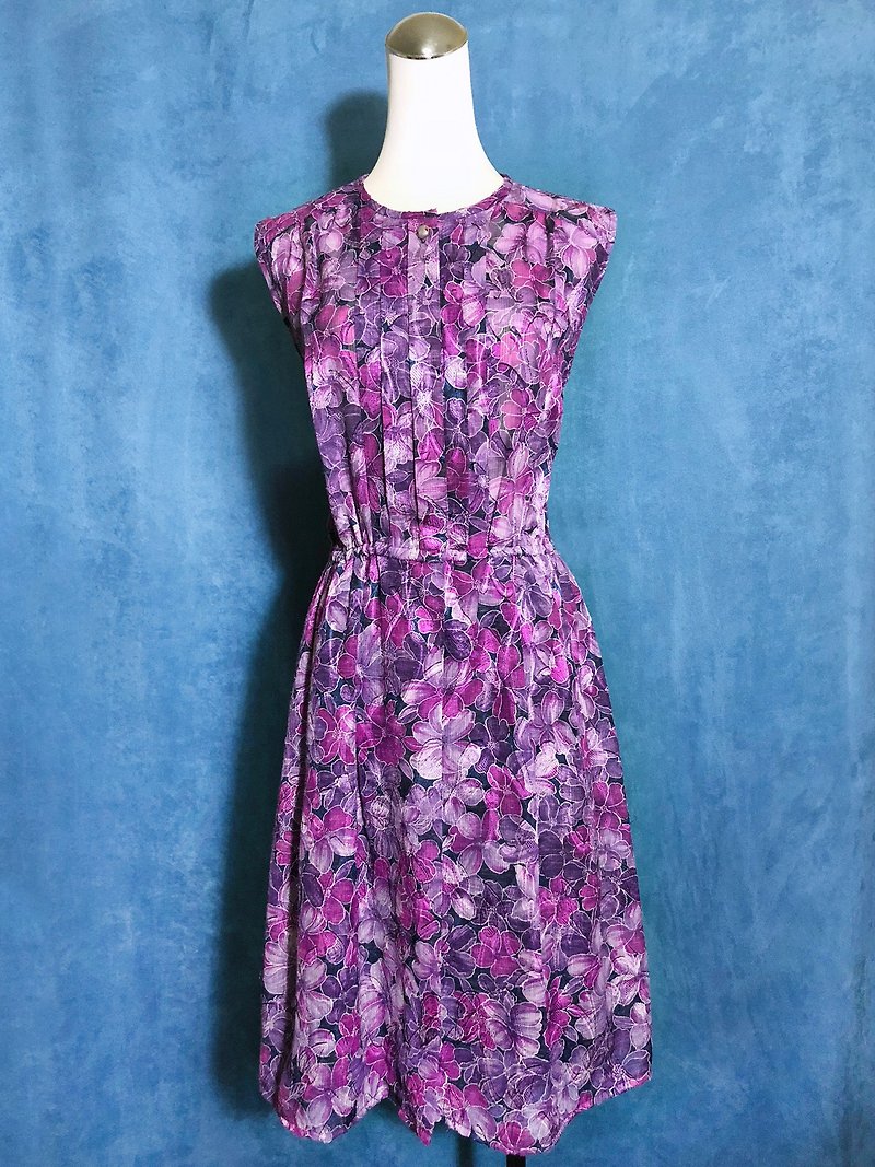 浪漫花朵織紋無袖古著洋裝 / 國外帶回 VINTAGE - 連身裙 - 聚酯纖維 紫色
