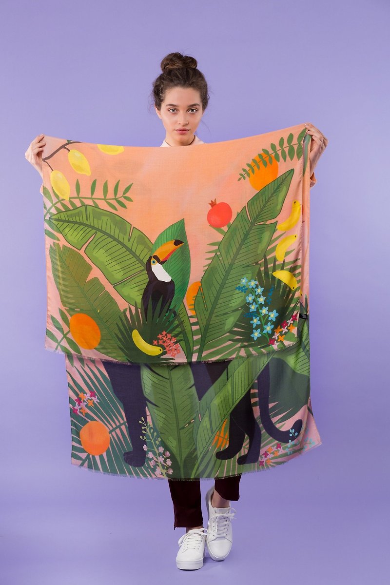 熱帶花園的神秘黑豹ashmere圍巾 批肩 - 絲巾 - 絲．絹 橘色