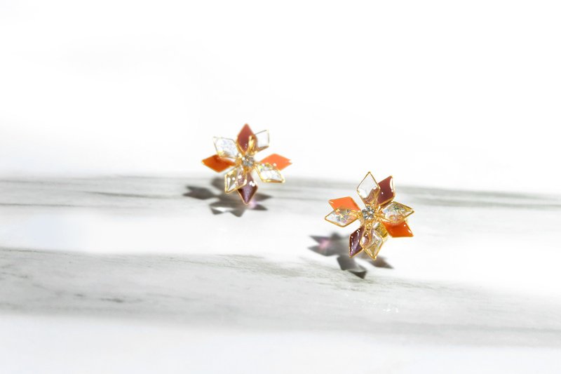 耳針x耳夾水晶花_雪花(磚橘色系)_光點飾品 - 耳環/耳夾/耳骨夾 - 樹脂 橘色
