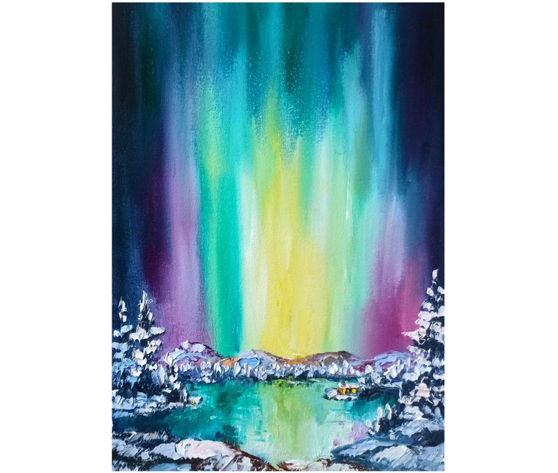 Aurora Borealis Art Winter Landscape Oil Painting Northern Lights Original Art - 海報/掛畫/掛布 - 其他材質 多色