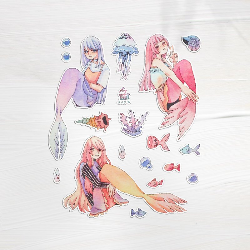 Mermaid hand-painted watercolor stickers 19 pieces - สติกเกอร์ - กระดาษ สึชมพู