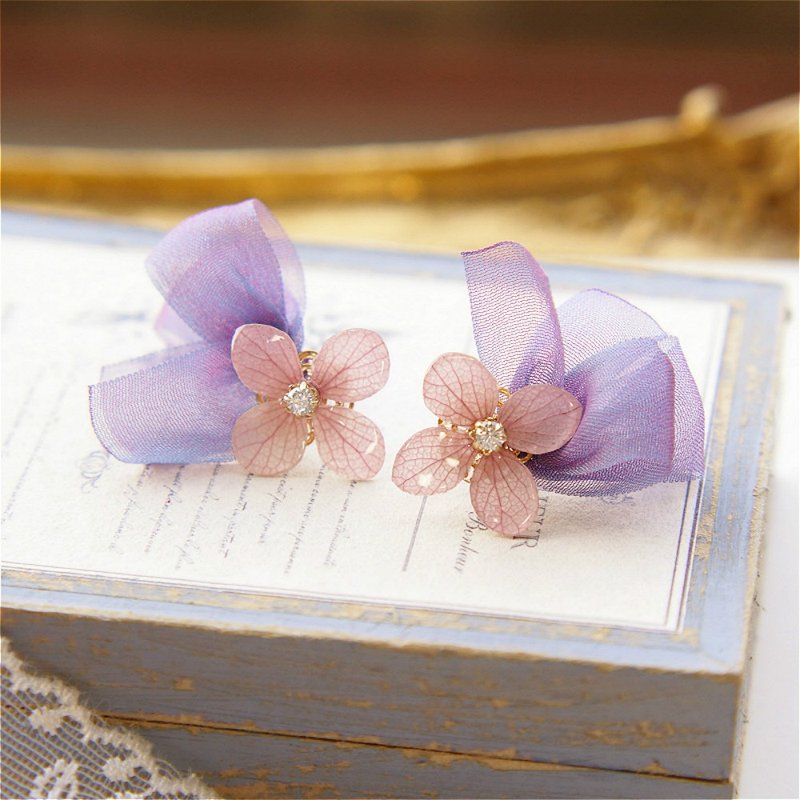 オリジナル| Mori WingsJapanは不滅のアジサイリボンフラワークラスター925スターリングシルバーイヤリングイヤークリップを輸入しました - ピアス・イヤリング - 寄せ植え・花 ピンク