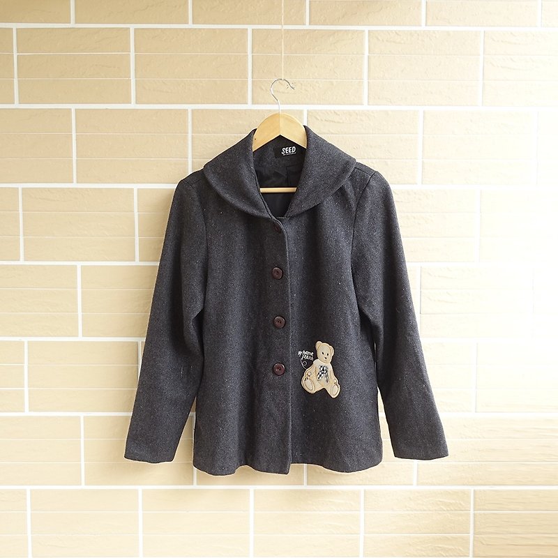 │Slowly│Bear Baby-Vintage Jacket│vintage.Retro.Art. - Women's Casual & Functional Jackets - Polyester Gray