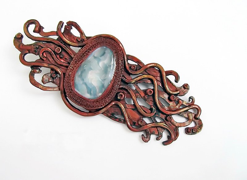 Big abstract brooch polymer clay Fancy brooch tentacles Brown Ethnic Boho brooch - เข็มกลัด - ดินเหนียว สีนำ้ตาล