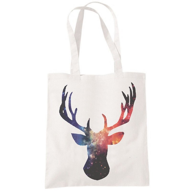 Cosmic Stag Deer Animal Wenqing Canvas Bag Literary Environmental Shopping Bag One-shoulder Tote Bag-Beige - กระเป๋าถือ - ผ้าฝ้าย/ผ้าลินิน ขาว