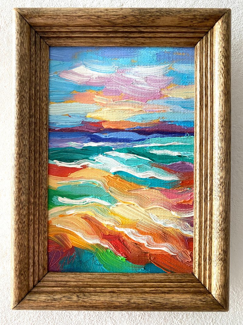 海景油畫原創海景畫厚塗小幅藝術品海洋海岸壁畫 - 壁貼/牆壁裝飾 - 木頭 