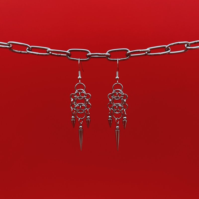 MrR手作不鏽鋼圈S925銀鉤卯釘吊墜吊掛式耳環一對 - 耳環/耳夾/耳骨夾 - 不鏽鋼 銀色