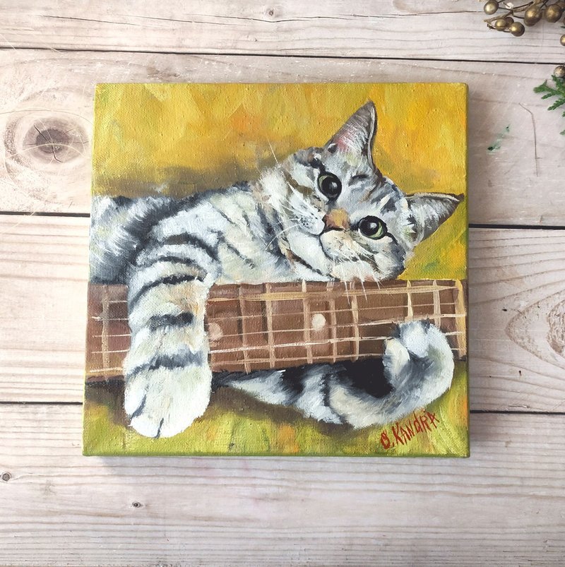 Cat Painting Original Oil Art Animal Artwork Striped Cat Wall Art by OlivKan - Posters - Other Materials Gray