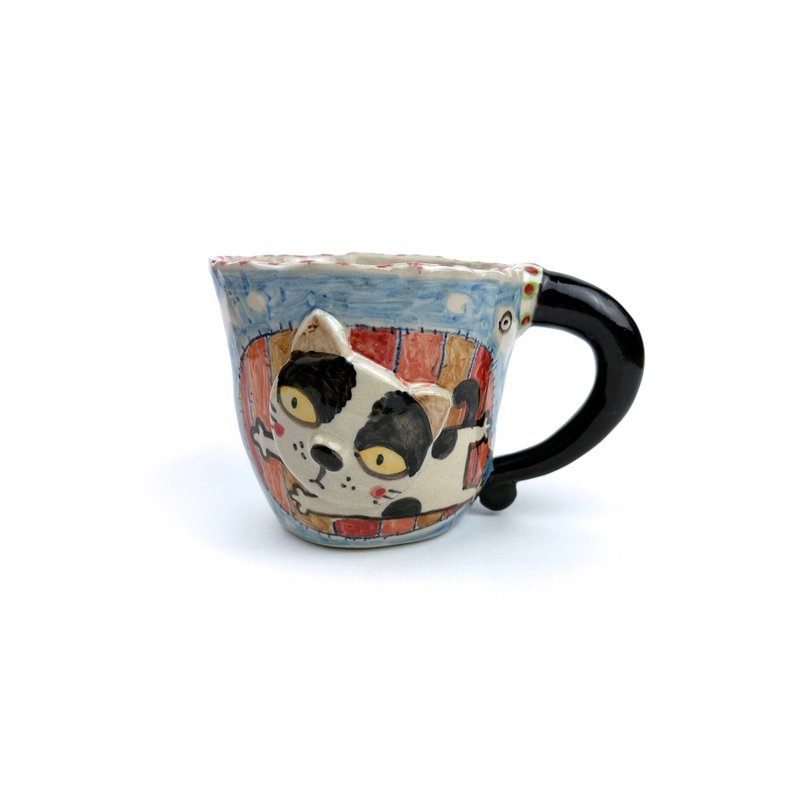 素敵な粘土手作りビッグマグ かわいい猫 0103L-29 - マグカップ - 陶器 ホワイト